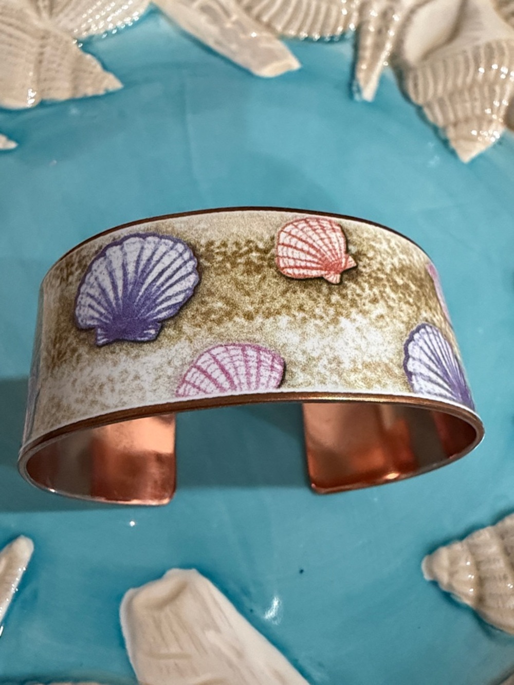 Seashell Enamel Copper Cuff Bracelet - Purple & Pink Shells
